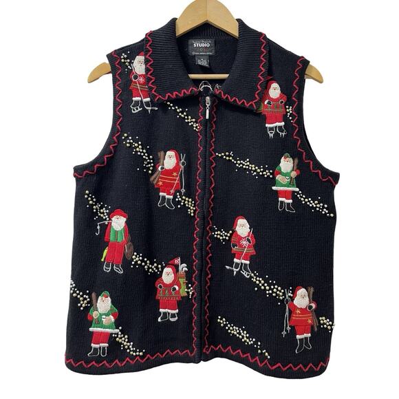 VTG Studio Joy Womens Santa Claus Beaded Christmas Sweater Vest Size M Grandma - Picture 1 of 7